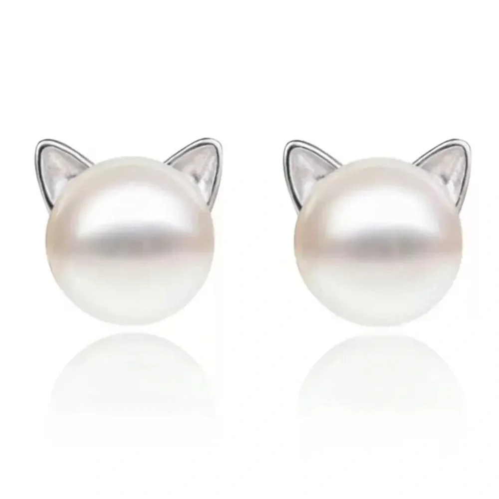Silver White Cat Faux Pearl Earrings, Cat Earrings, Cat Jewelry, Cat Lover Gift